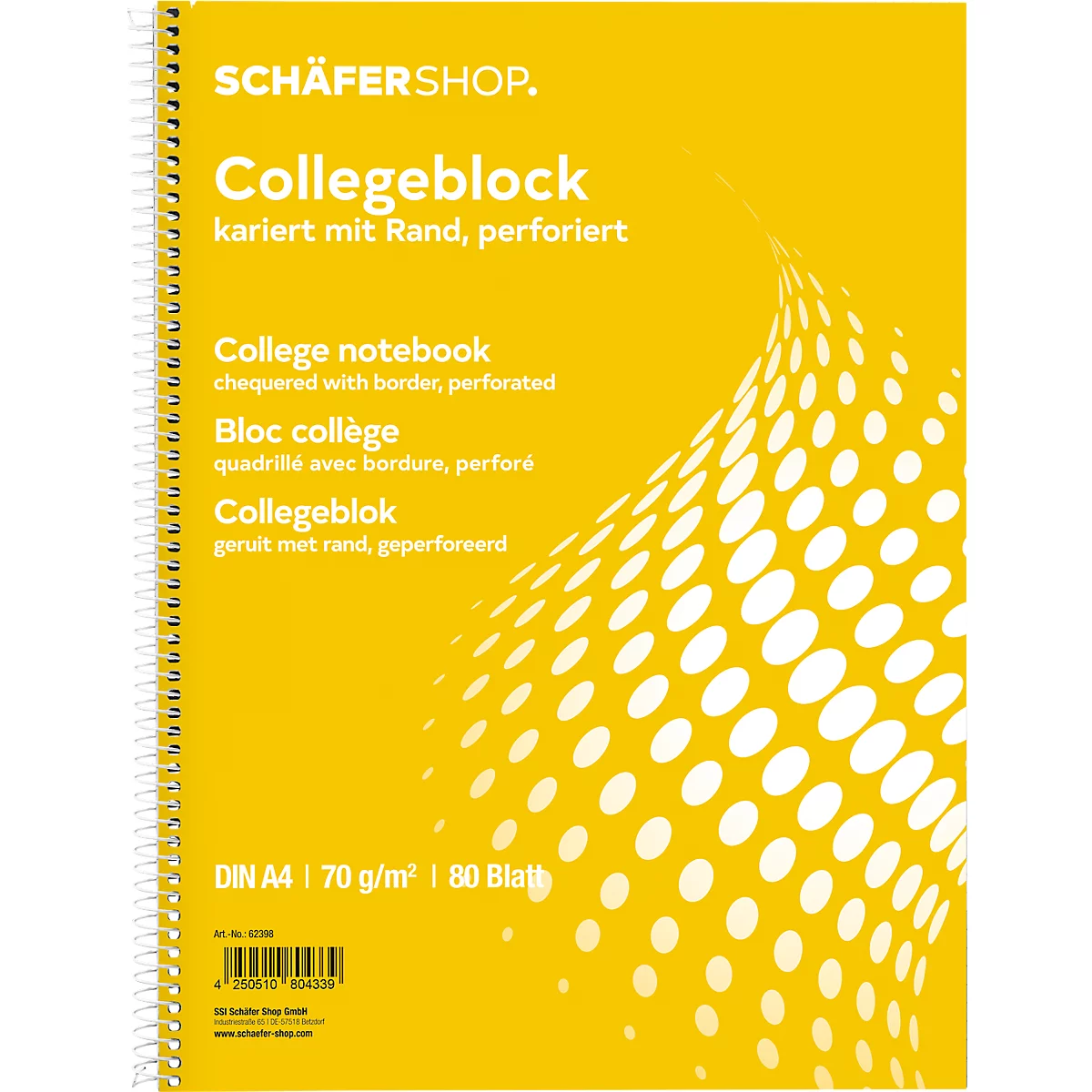 Cahier de collège jaune avec reliure spirale. Inscription Collegeblock et autres langues.