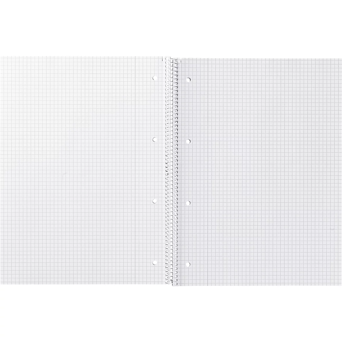 Cahier quadrillé ouvert avec reliure à spirale. Les lignes et les trous sont clairement visibles.
