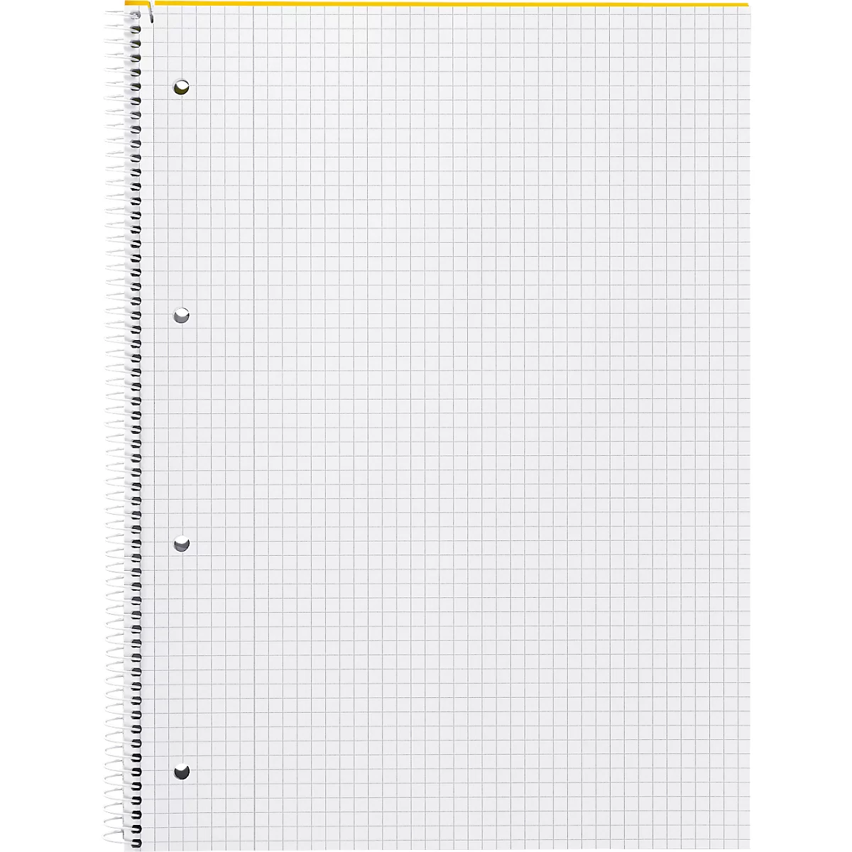 Un cahier blanc quadrillé avec reliure à spirale et perforation. Le bord supérieur est jaune.