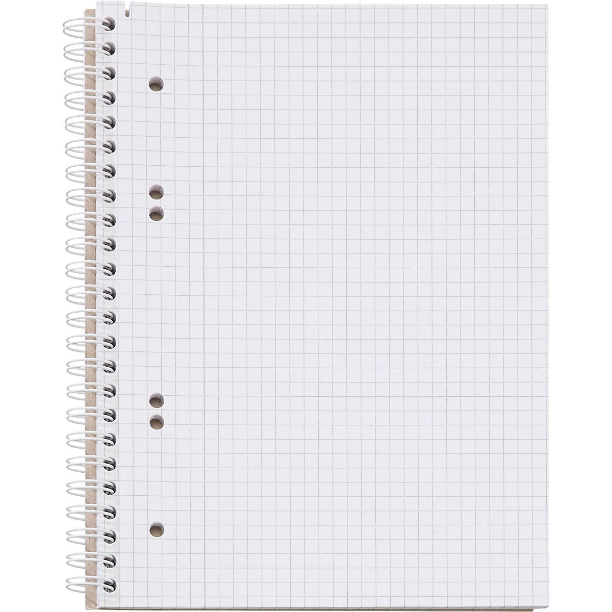 Un bloc-notes quadrillé avec une reliure à spirale. La page est quadrillée et comporte des trous pour le classement.