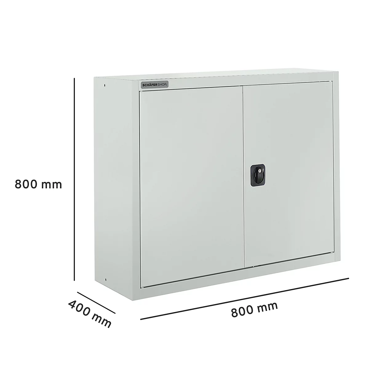 Lichtgrijze stalen kast met twee deuren, een zwarte handgreep en afmetingen (800x800x400 mm).