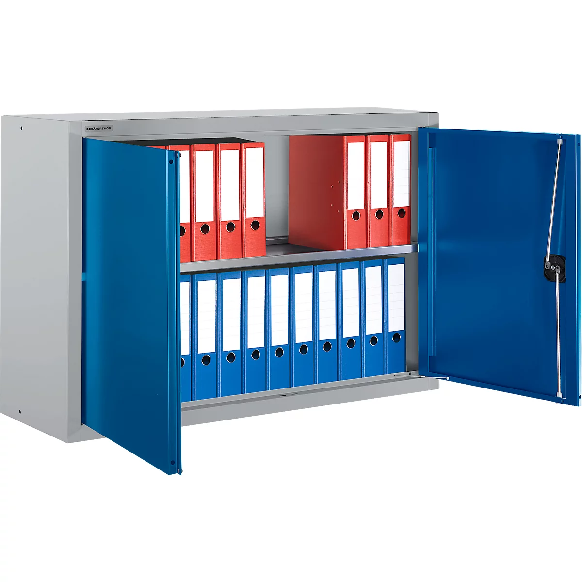 Schäfer Shop Select Bovenkast MS 8412i, B 1200 x D 400 x H 800 mm, 1 legbord, staal, alu wit RAL 9006/enzisch blauw RAL 5010