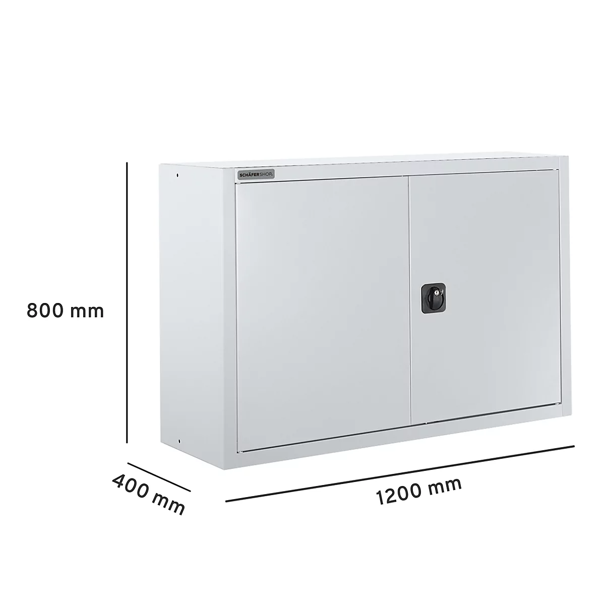Witte wandkast met twee deuren, zwarte handgreep en afmetingen.