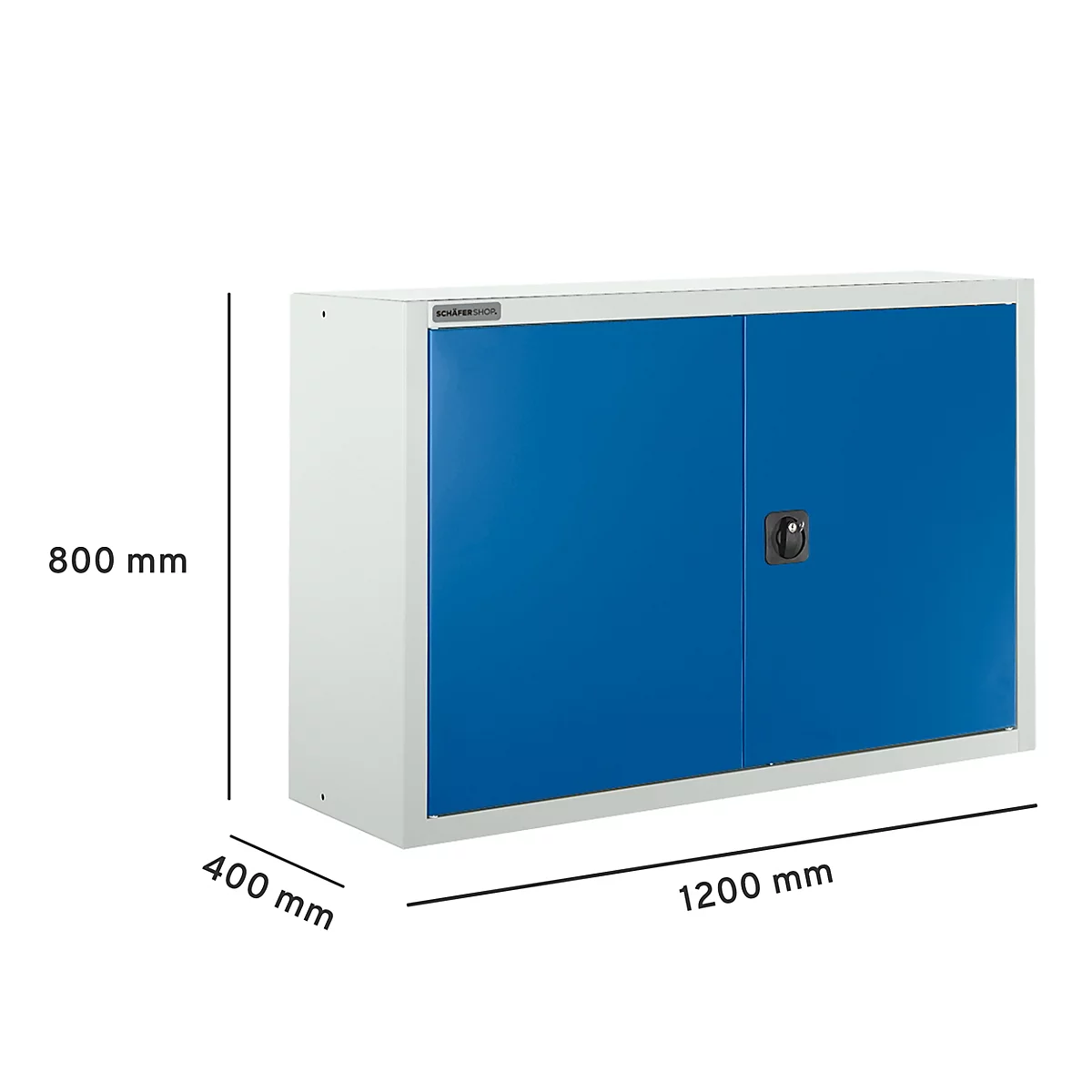 Blauw-witte kast met twee deuren, zwarte handgreep en afmetingen.