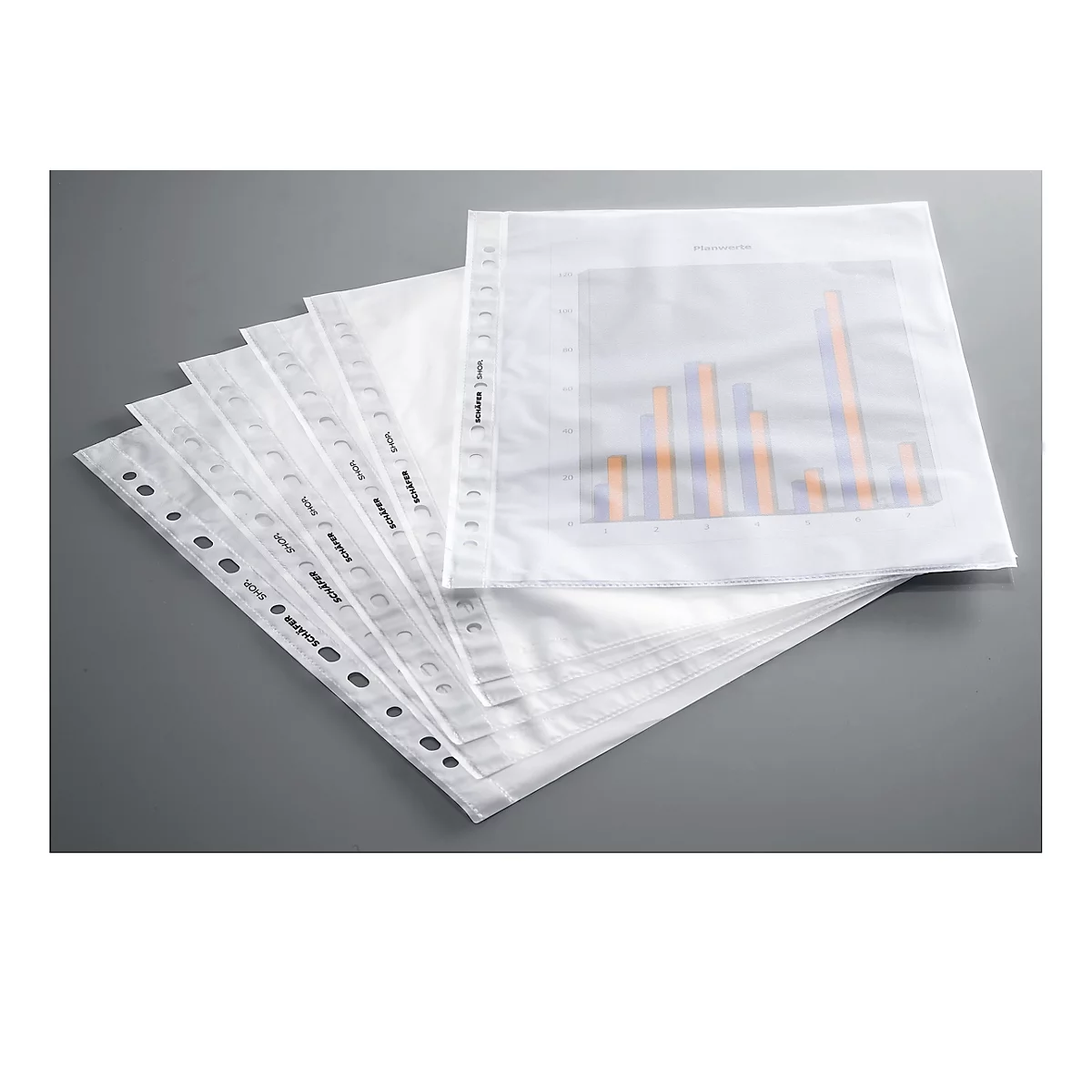 Transparent sheet protectors, some with holes, lie on a gray background. One sheet contains a chart.