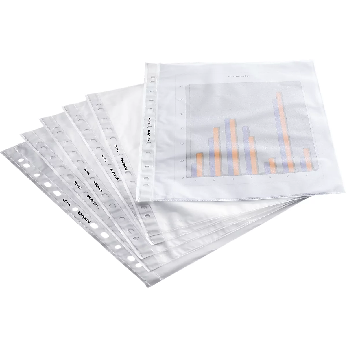 Several transparent foils with perforated edges, one of them with a diagram. Foils are stacked and slightly fanned out.