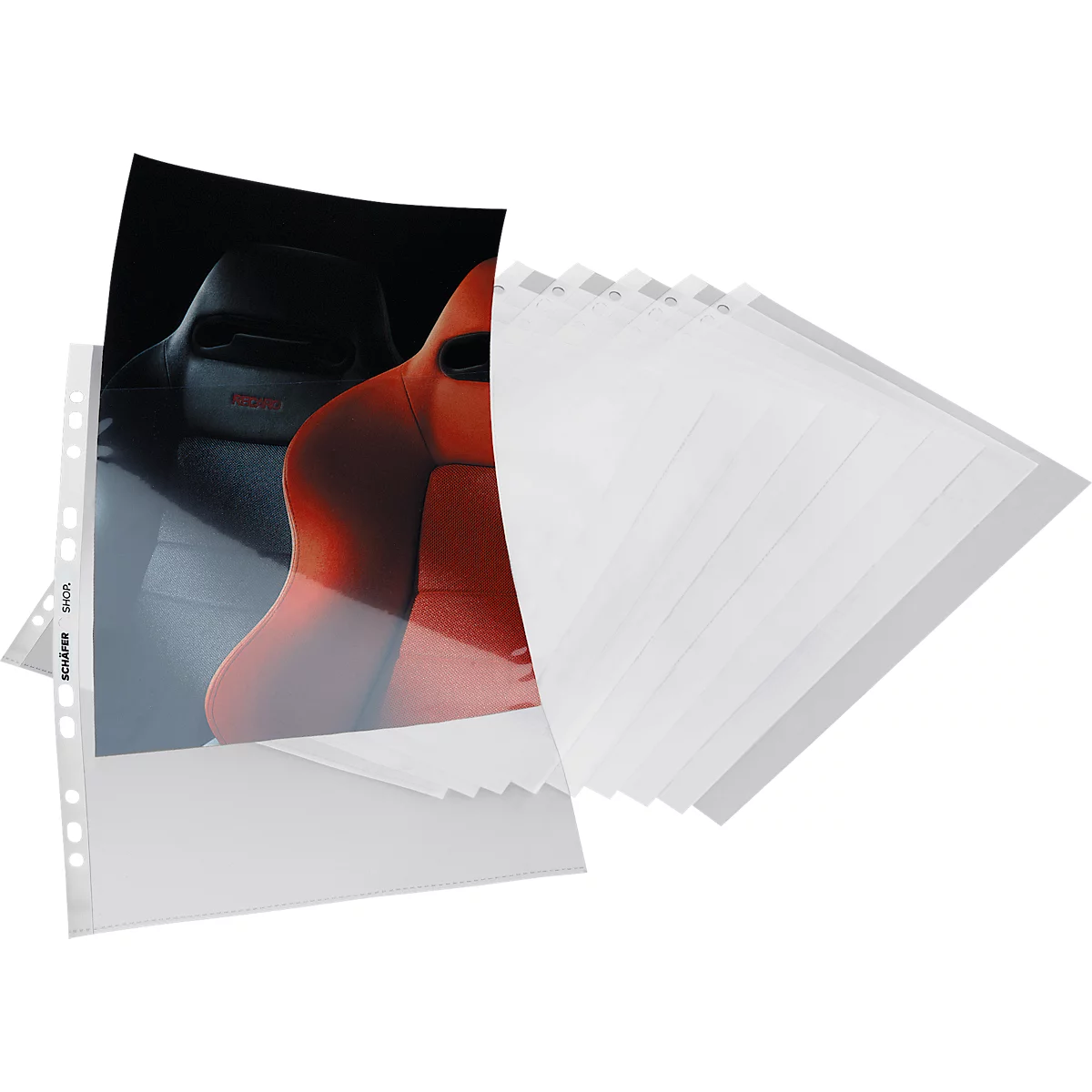 Several clear sleeves stacked over an image of a red car seat.