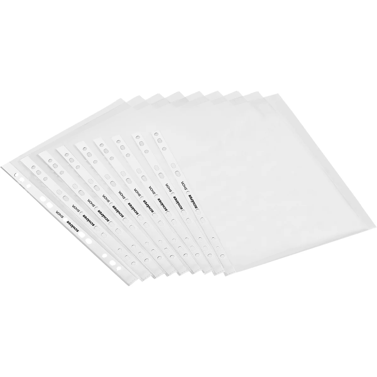 Several transparent sheet protectors with a punched edge are stacked on top of each other.