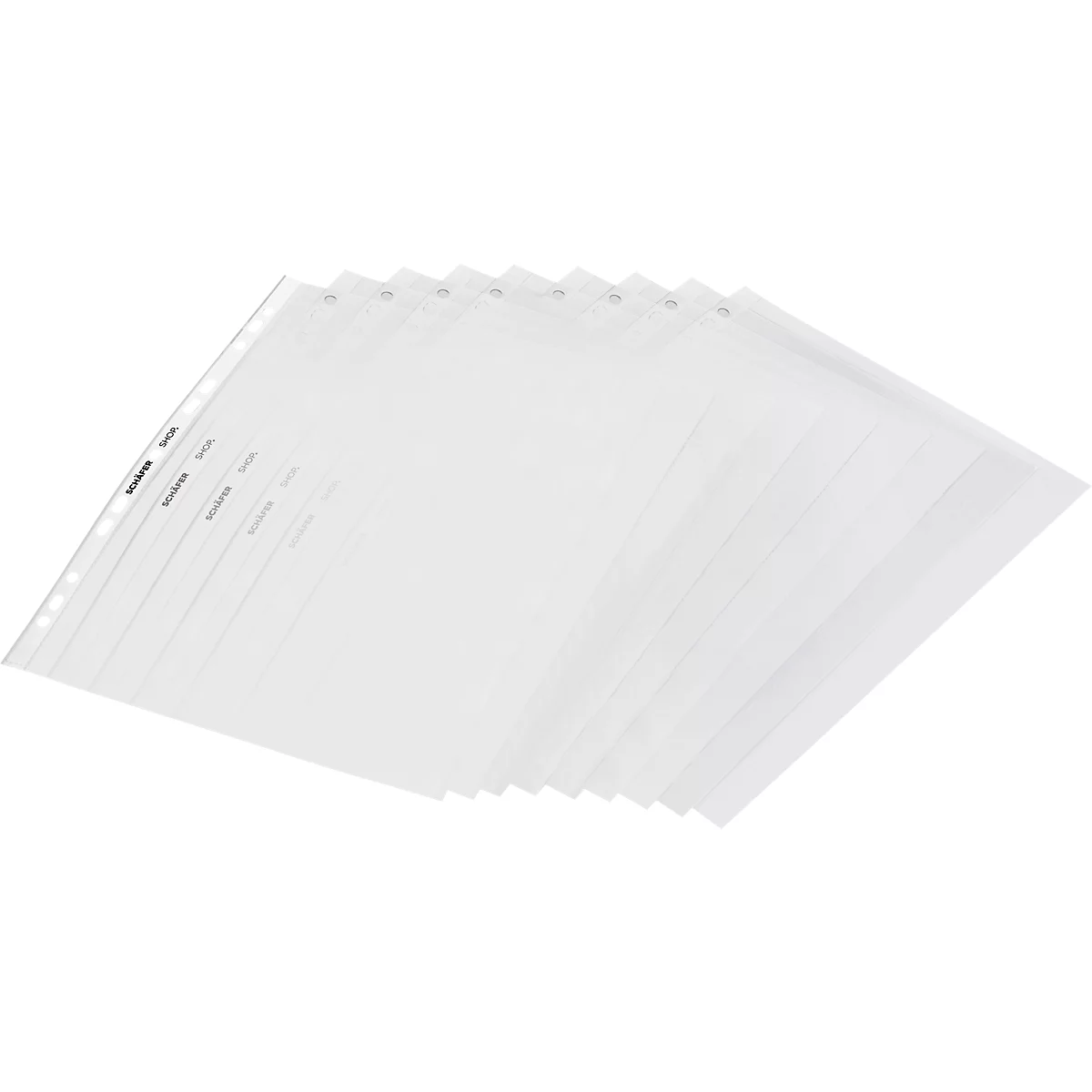 Stack of transparent sheet protectors, photographed slightly diagonally from above.