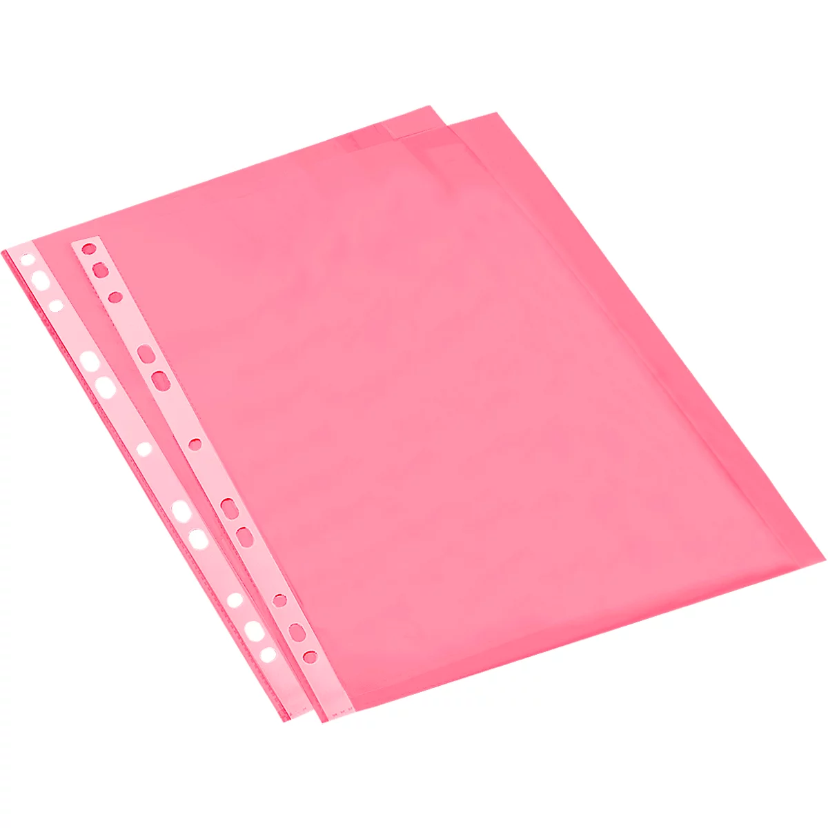 Two pink transparent document sleeves lying on top of each other. The left one has perforations for folders.