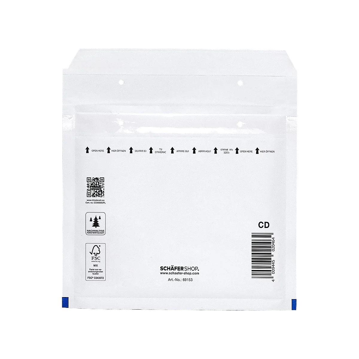 White CD shipping bag with arrows and barcode. Prints: Schäfershop, FSC logo, CD.