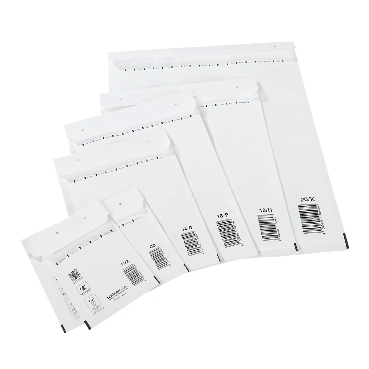Five white bubble mailers in various sizes. Printed barcodes and size labels.