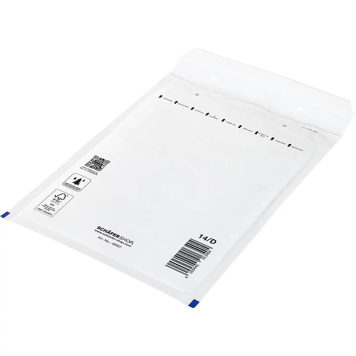 White bubble wrap envelope with barcode and print. Logos in the upper left, 14/D on the right. Blue at the corners.