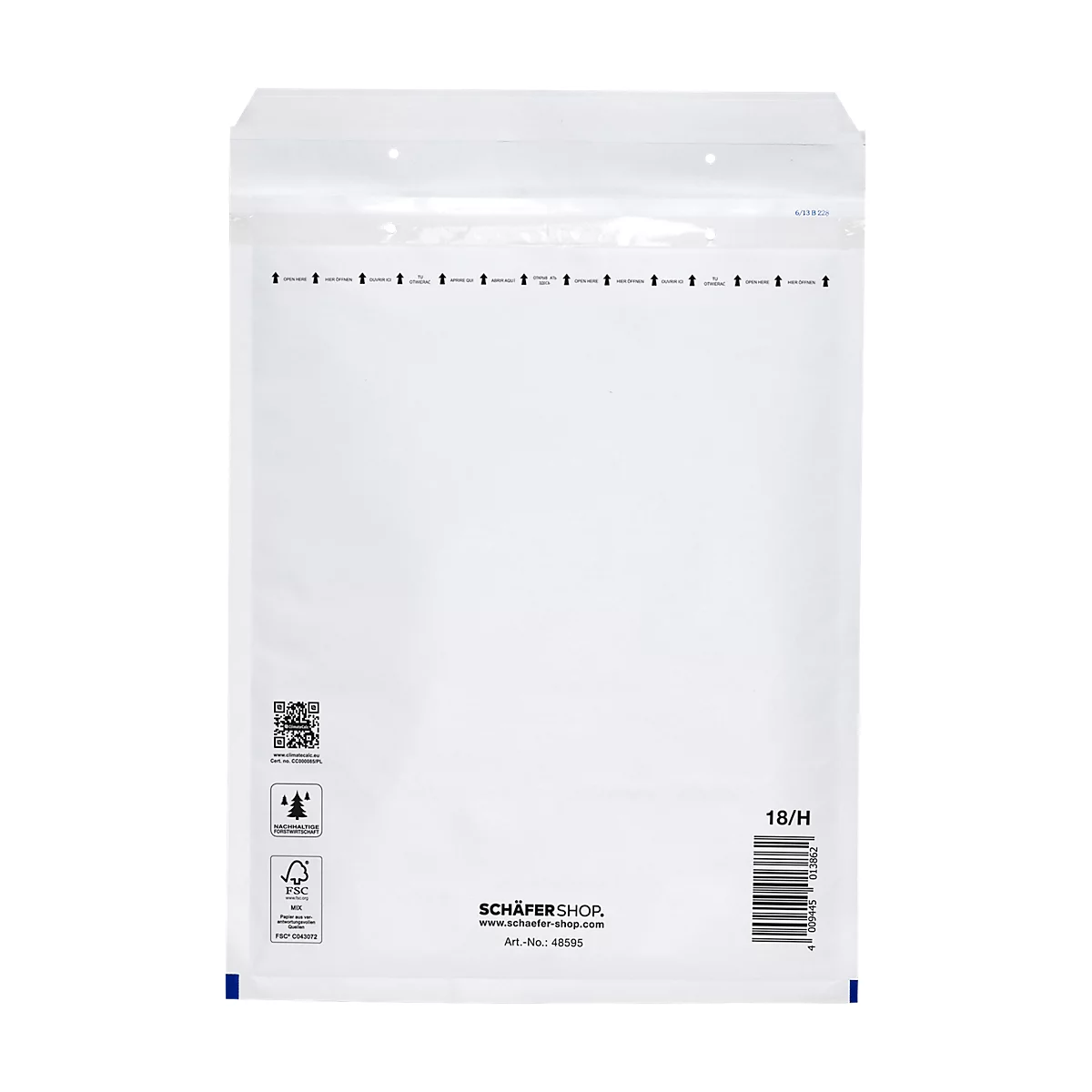 White padded shipping bag, sealed at the top, with barcode and logo.