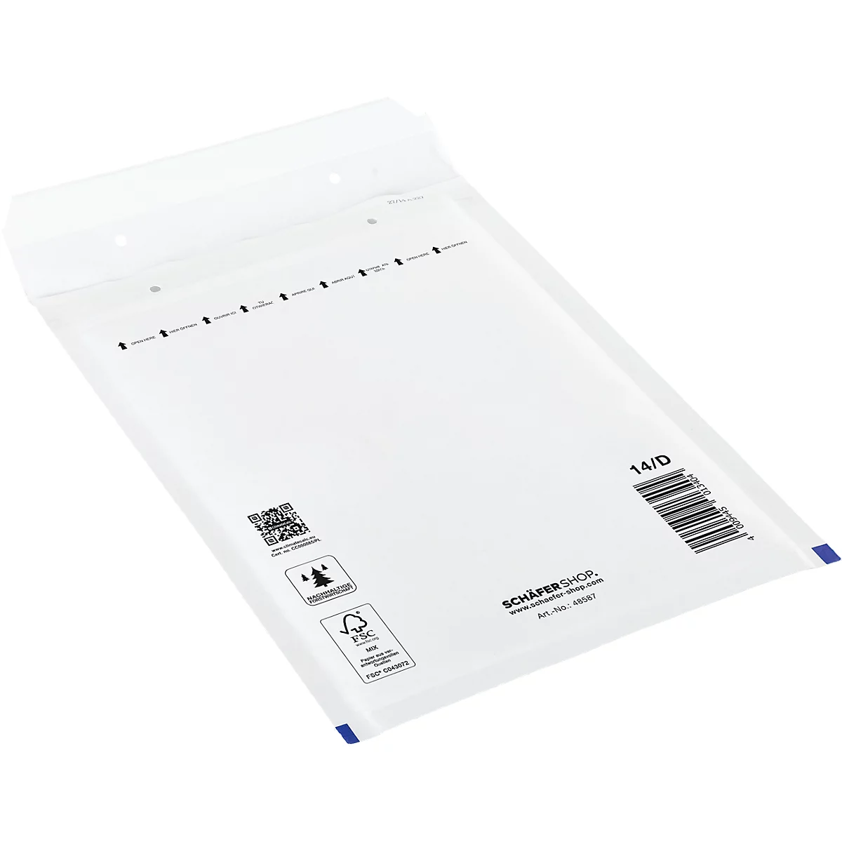 A white bubble wrap envelope, photographed slightly from above, printed with lines and symbols.