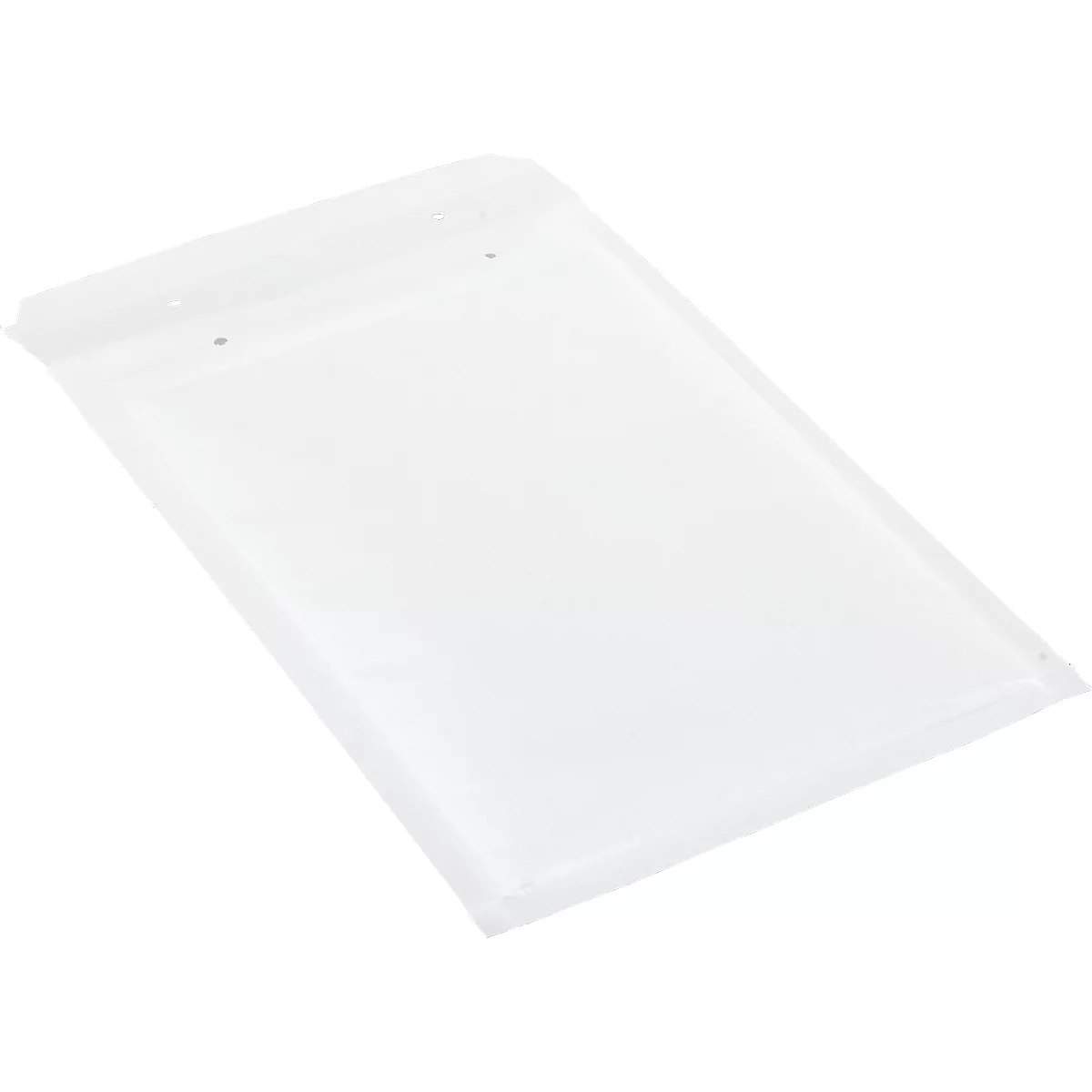 White bubble wrap envelope in a diagonal view with three holes on the top edge.