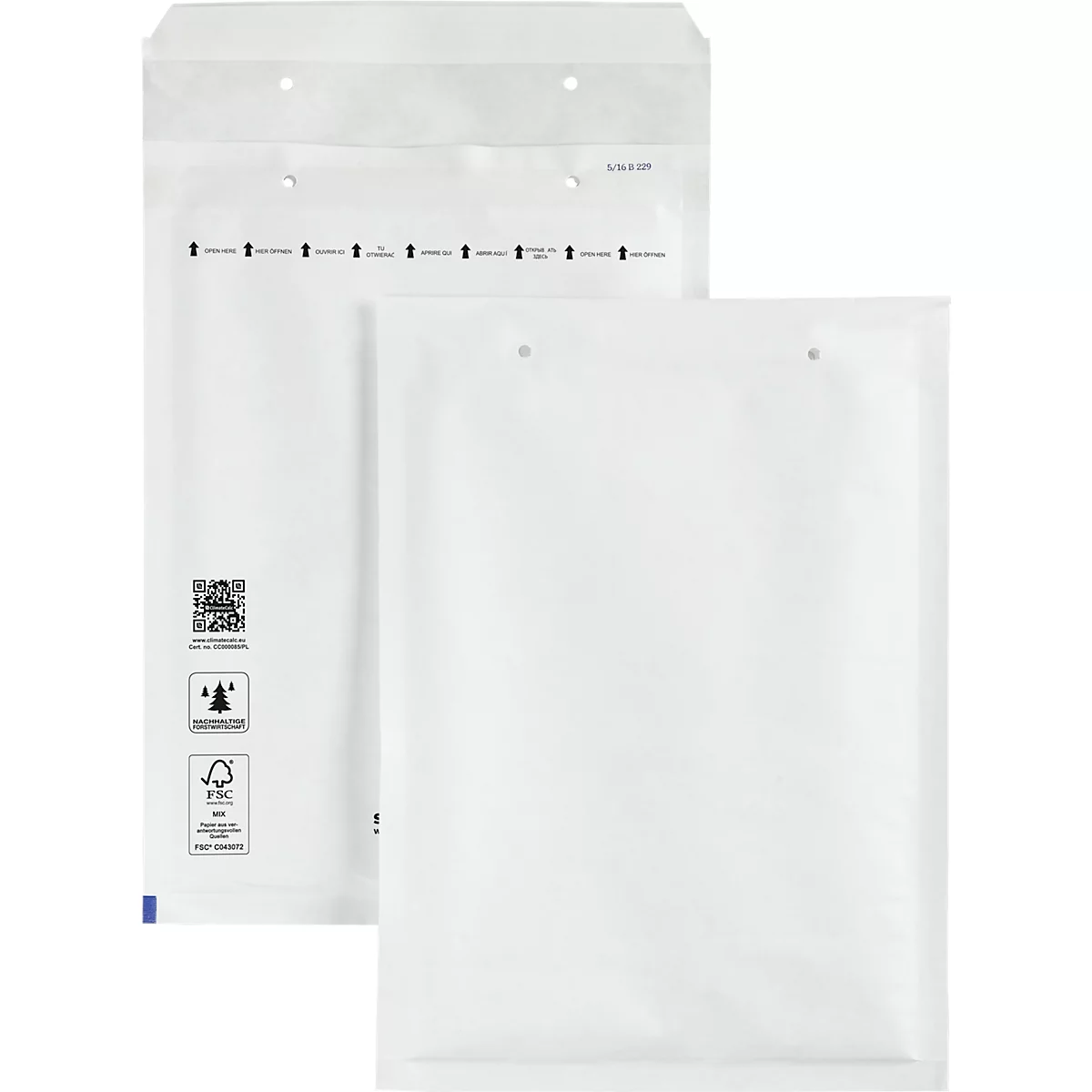 White bubble wrap envelopes with arrow markings and QR codes. One envelope is partially open.