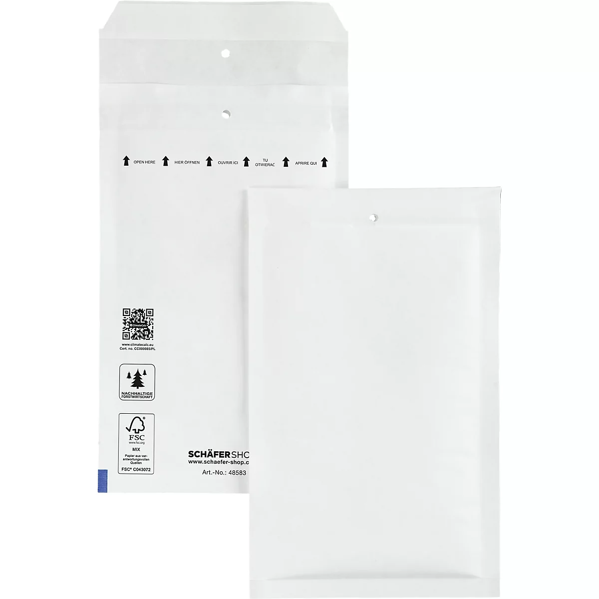 Two white shipping bags, one open, one closed. The open bag reads: "OPEN HERE".