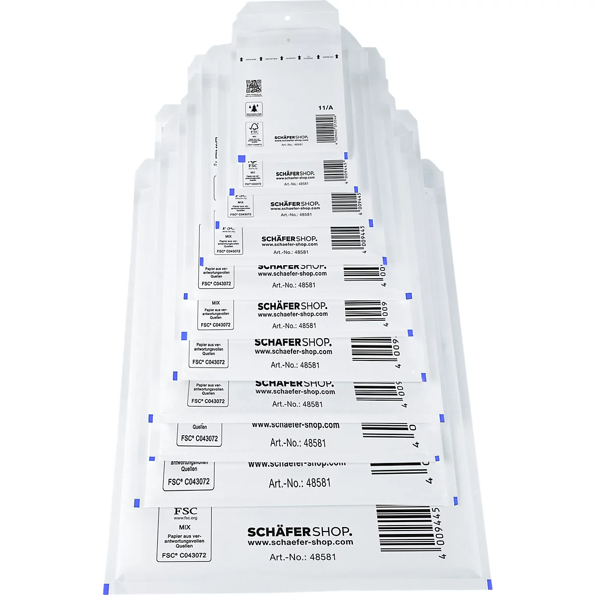 Different sizes of shipping bags in a stack. There are labels and barcodes on each bag. The "SCHÄFER SHOP" logo is clearly visible.