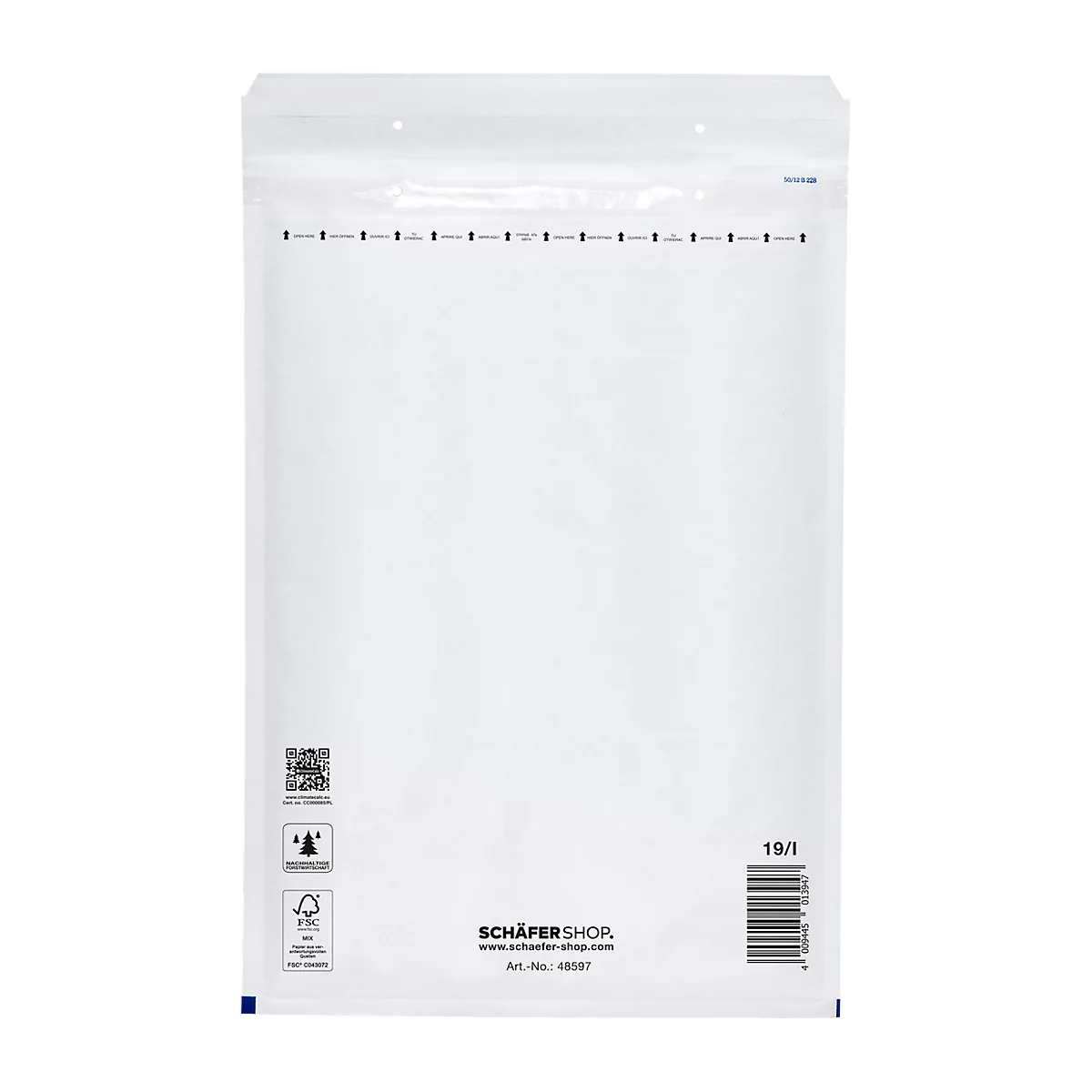 White padded envelope with perforated closure line. Logo, QR code and barcode at the bottom.