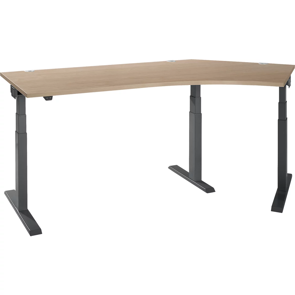 Bureau d'angle brun clair avec cadre gris. La table est réglable en hauteur et est vide.