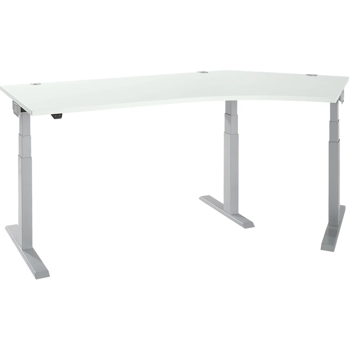 Bureau d'angle blanc réglable en hauteur avec pieds argentés sur fond blanc.