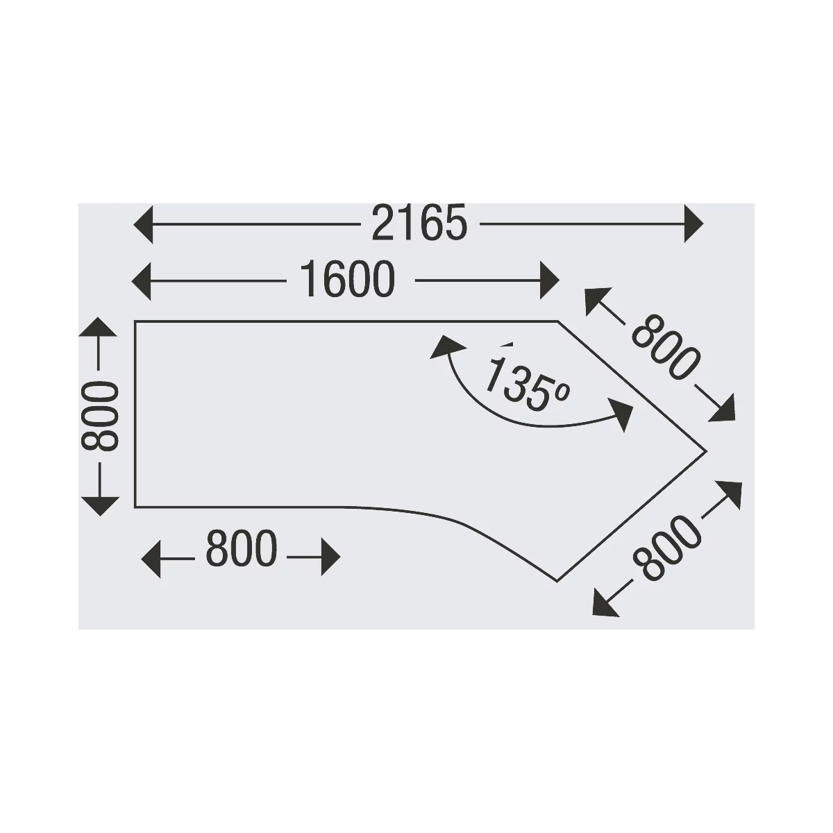 Vue détaillée d'un plateau de table avec dimensions. Sur le plateau de la table, on trouve des lignes et des chiffres qui précisent les dimensions et les angles.