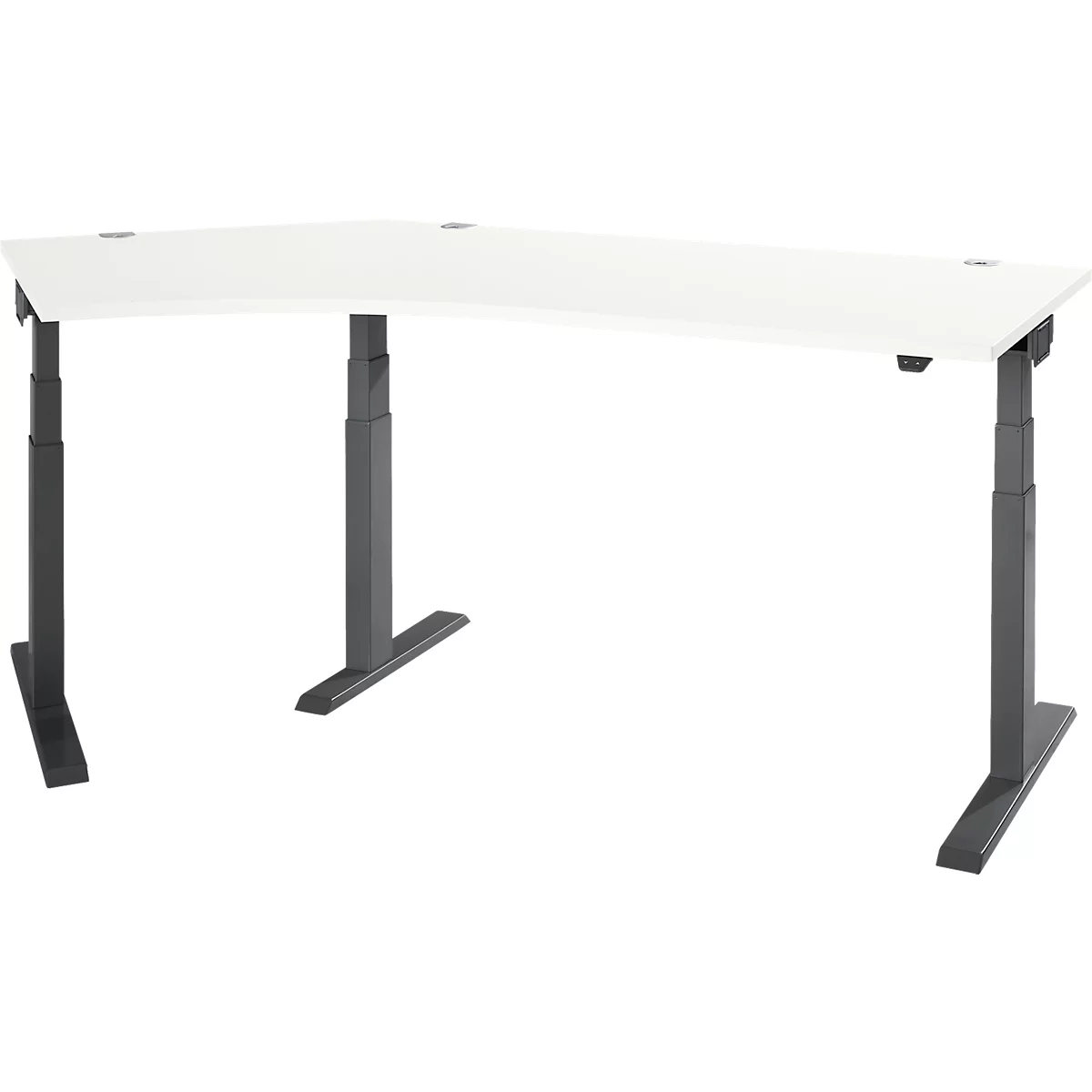 Un bureau blanc ergonomique avec des pieds gris réglables en hauteur, sur fond blanc.