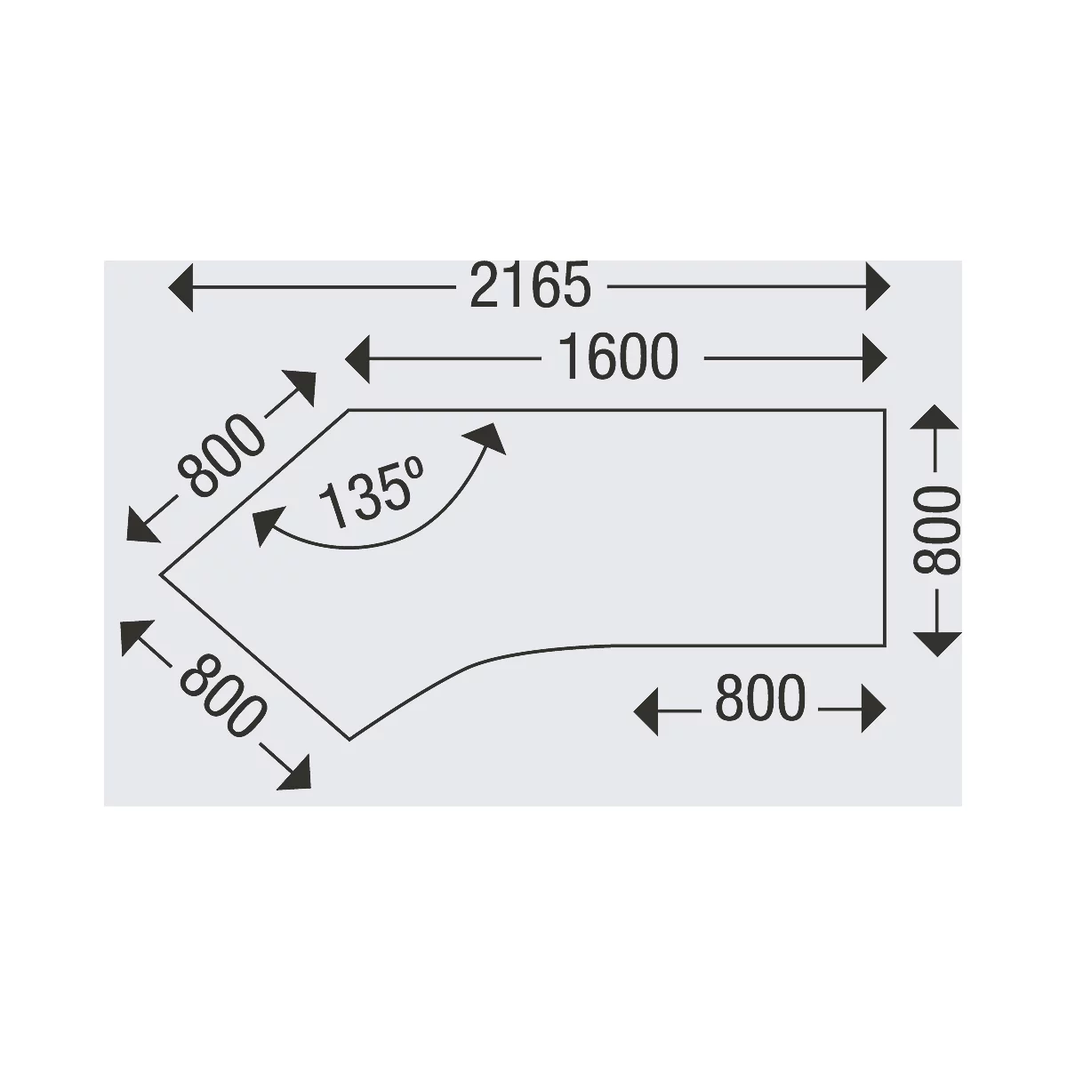 Vue de dessus détaillée d'une table avec dimensions et angles. 2165mm de long, 1600mm de large, angle de 135°, 800mm x 800mm. Coin arrondi.