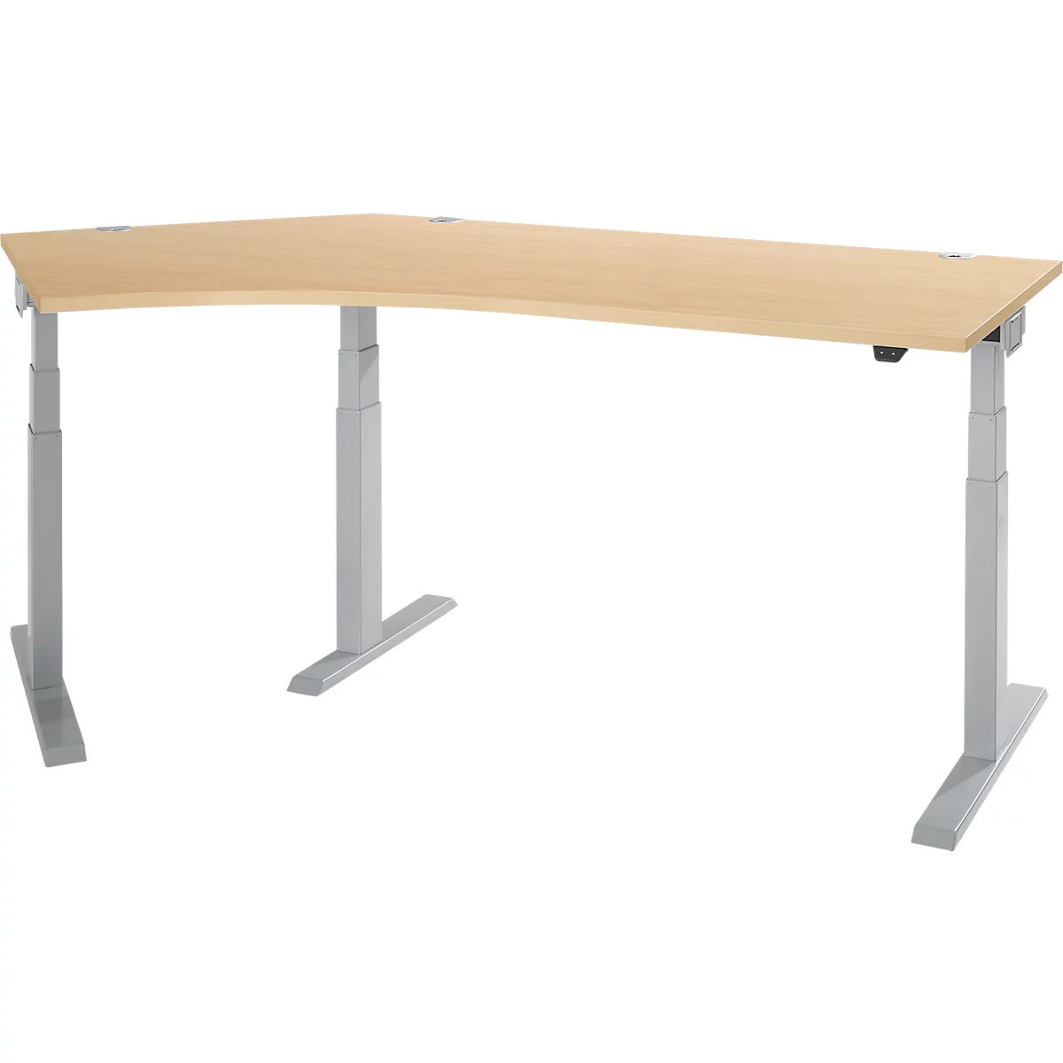 Bureau d'angle, bois clair, pieds gris. Le plateau de table a un coin arrondi.