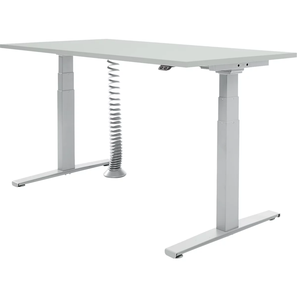 Een wit, in hoogte verstelbaar bureau met een zilverkleurig onderstel en kabelspiraal tegen een witte achtergrond.
