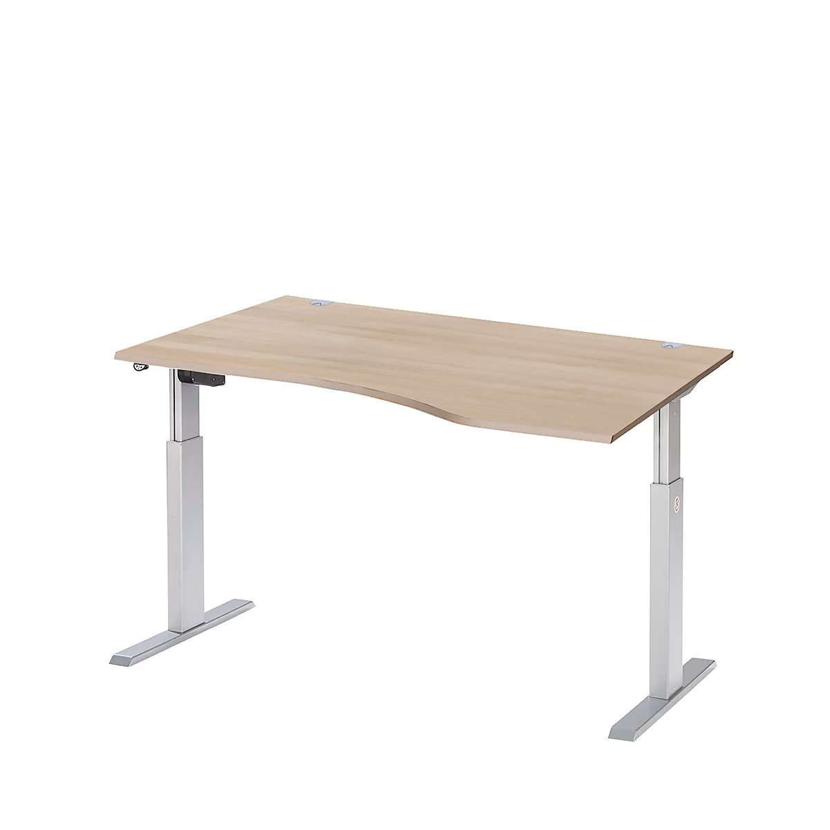 Schäfer Shop Select Bureau ERGO-T, réglage électrique de la hauteur, forme libre, approche à droite, pied en T, L 1800 x H 725-1185 mm, chêne/alu blanc