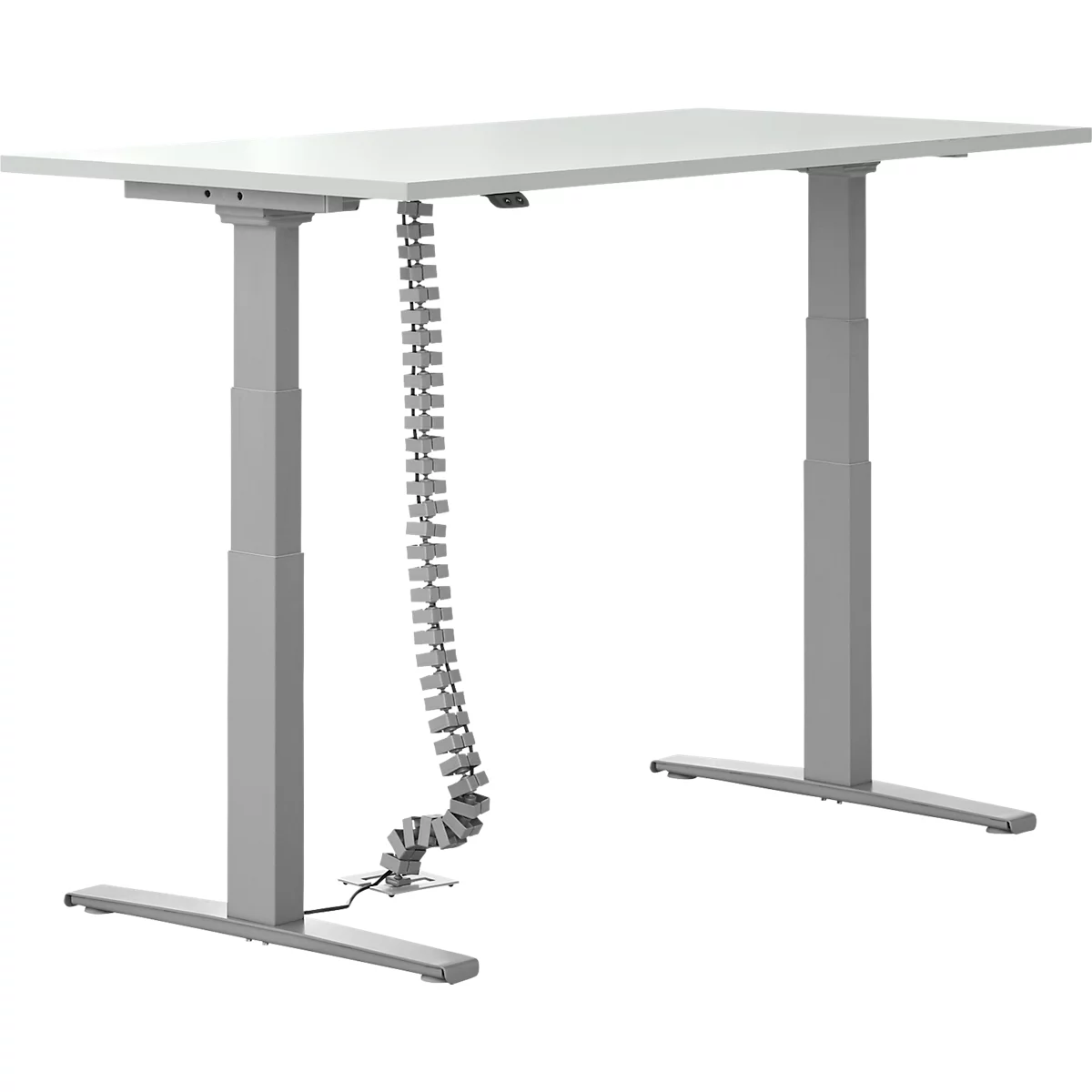 Schäfer Shop Select Bureau Login, hauteur réglable électriquement, piétement en T, L 1600 x P 800 x H 645-1290 mm, gris clair/blanc alu + serpentin de câbles, argenté