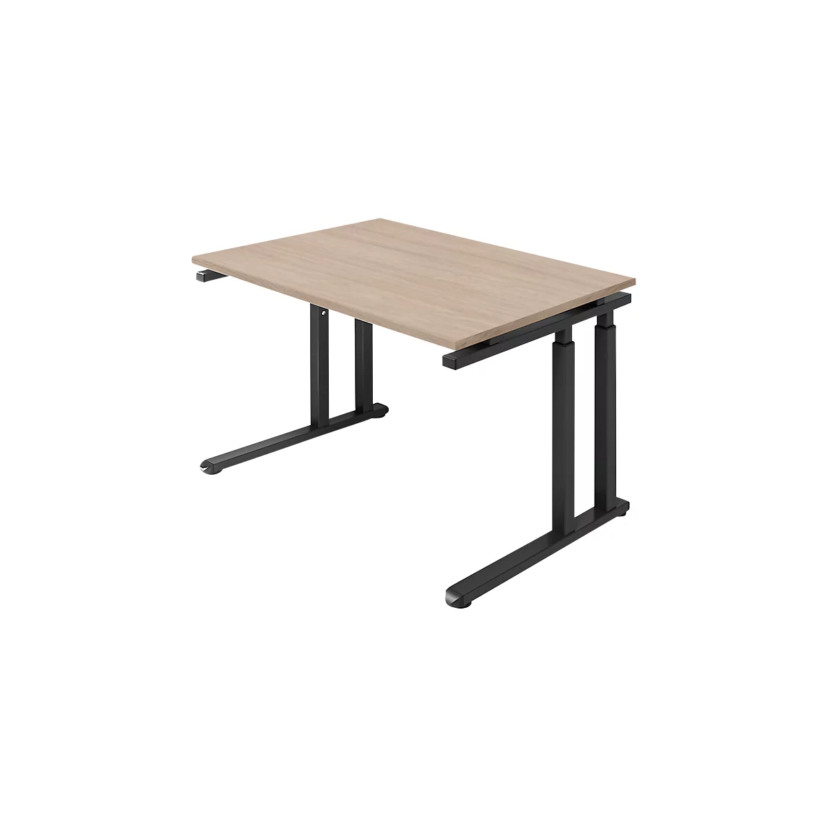 Un bureau réglable en hauteur avec un plateau de table brun clair et des pieds en métal noir. Il est positionné en biais pour montrer la construction.