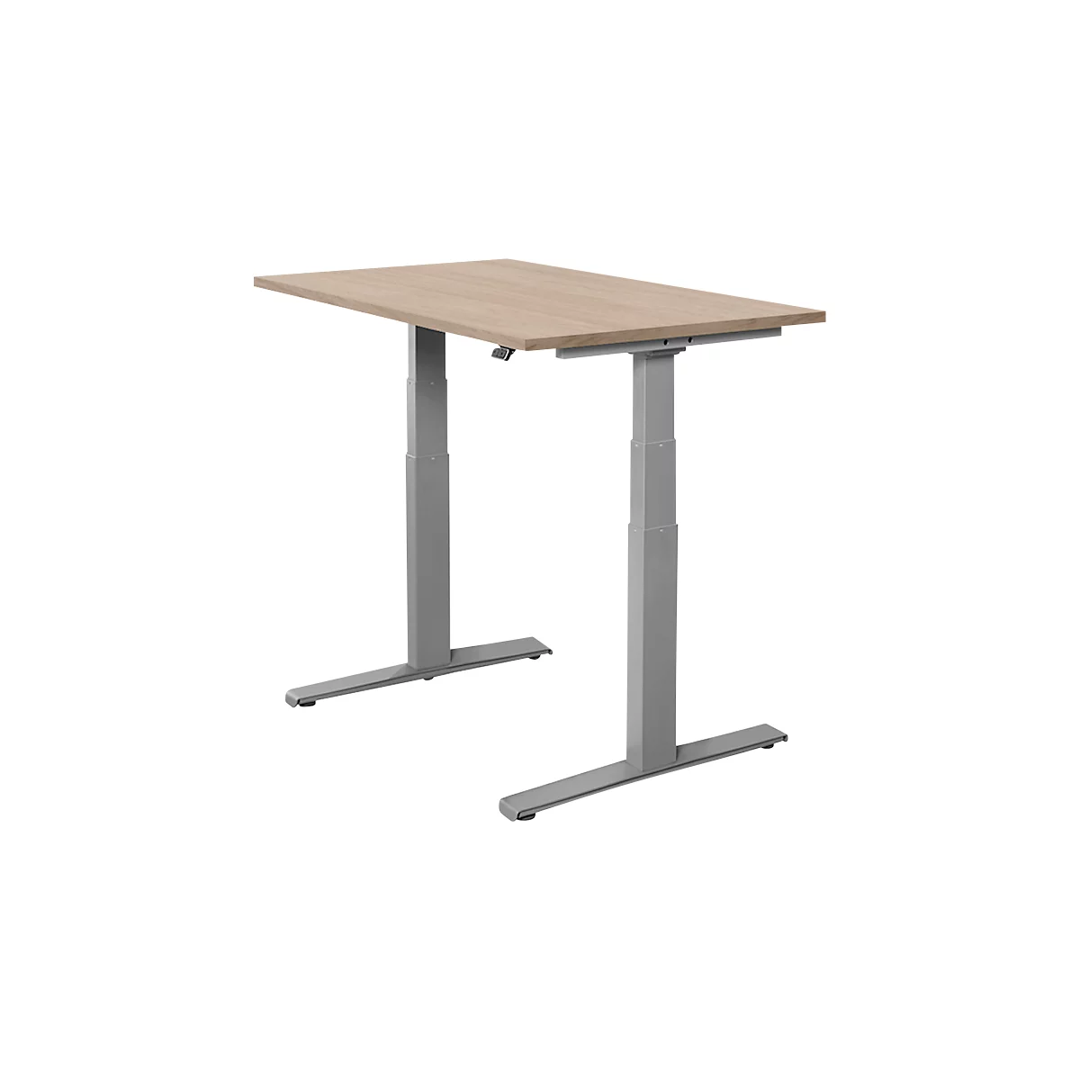 Un bureau réglable en hauteur avec un plateau en bois et une structure métallique grise. La table est montrée en détail.