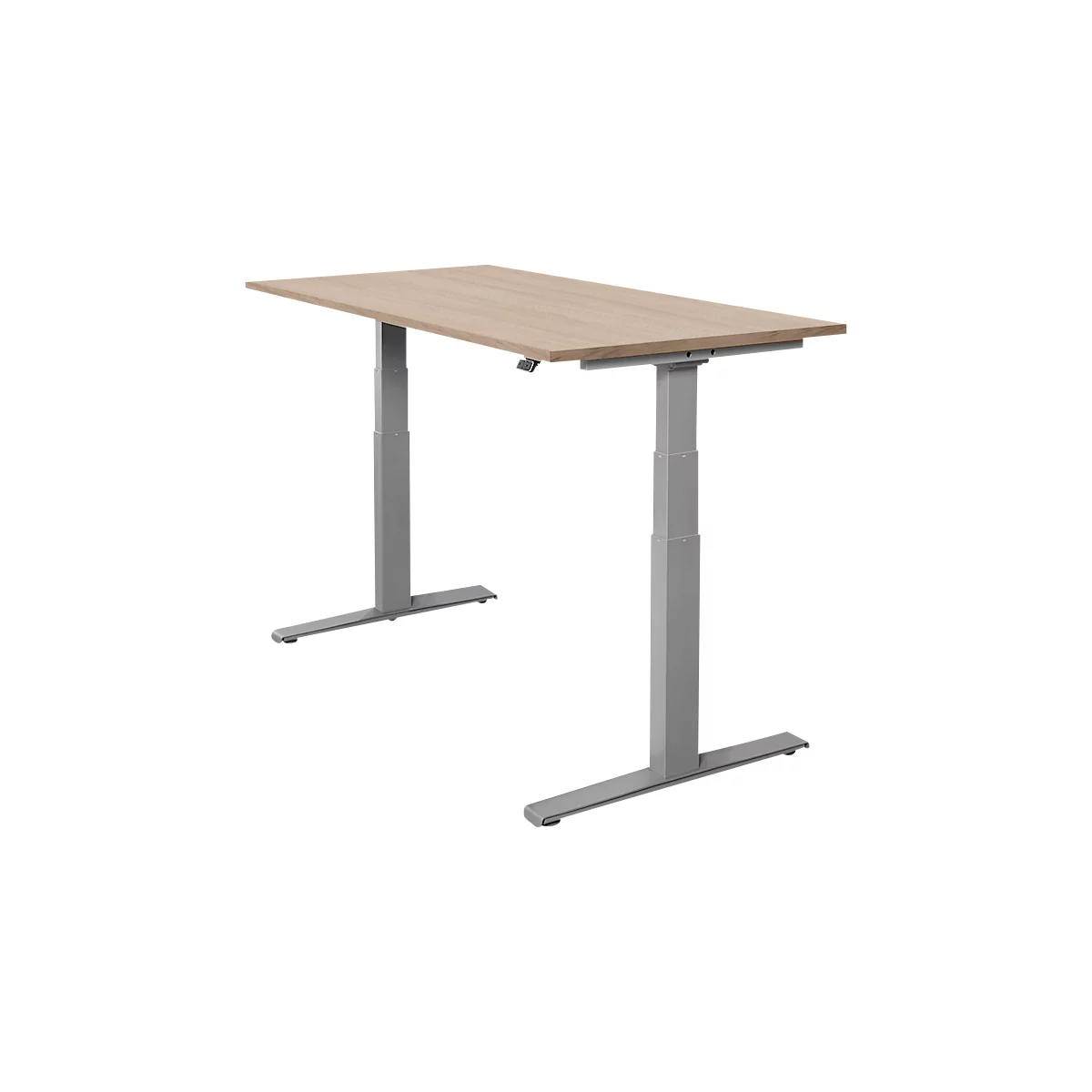 Bureau réglable en hauteur avec un plateau en bois et un cadre en métal gris. Les pieds de la table sont rectangulaires et s'étendent jusqu'au sol.