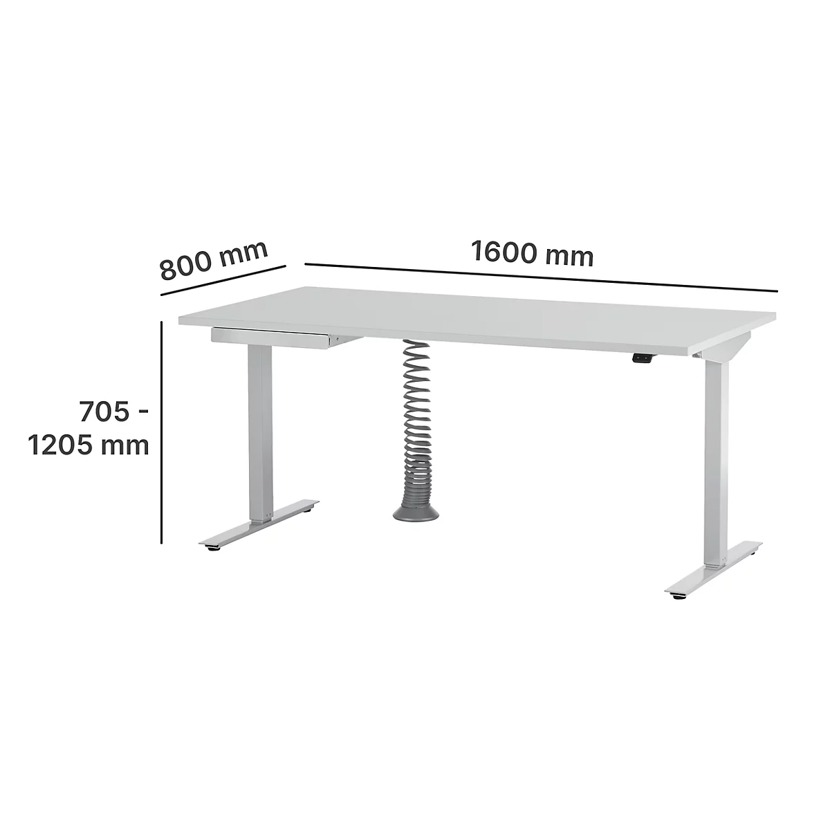 Witte, in hoogte verstelbare bureau met grijze poten. Afmetingen: 1600 x 800 mm, hoogte 705-1205 mm.