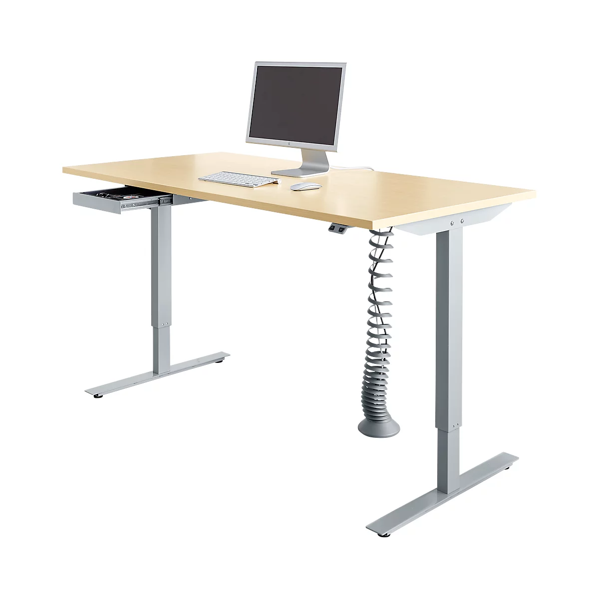 Schäfer Shop Select Bureau Start Off - elektrisch in hoogte verstelbaar - T-poot – L 1600 x B 800 x H 705/1205 mm – ahorn/wit aluminium + lade +kabelspiraal