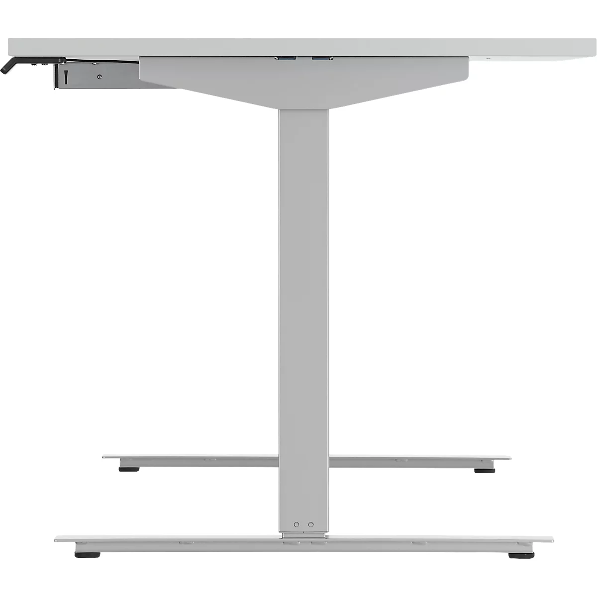 Schäfer Shop Select Bureau Start Off - elektrisch in hoogte verstelbaar - T-poot – L 1600 x B 800 x H 705/1205 mm – lichtgrijs/wit aluminium + lade + kabelspiraal