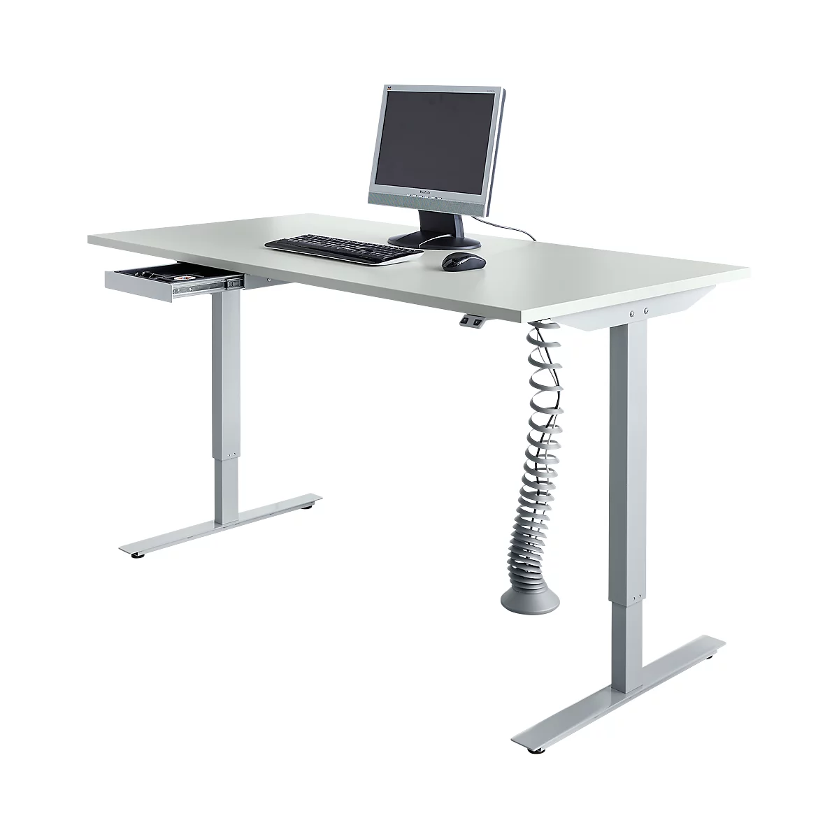 Schäfer Shop Select Bureau Start Off - elektrisch in hoogte verstelbaar - T-poot – L 1600 x B 800 x H 705/1205 mm – lichtgrijs/wit aluminium + lade + kabelspiraal