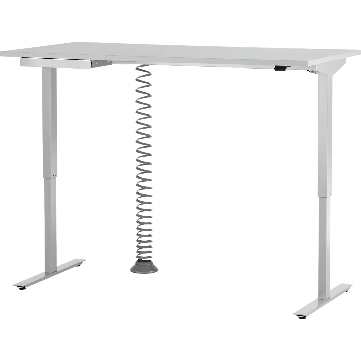 Schäfer Shop Select Bureau Start Off - elektrisch in hoogte verstelbaar - T-poot – L 1600 x B 800 x H 705/1205 mm – lichtgrijs/wit aluminium + lade + kabelspiraal