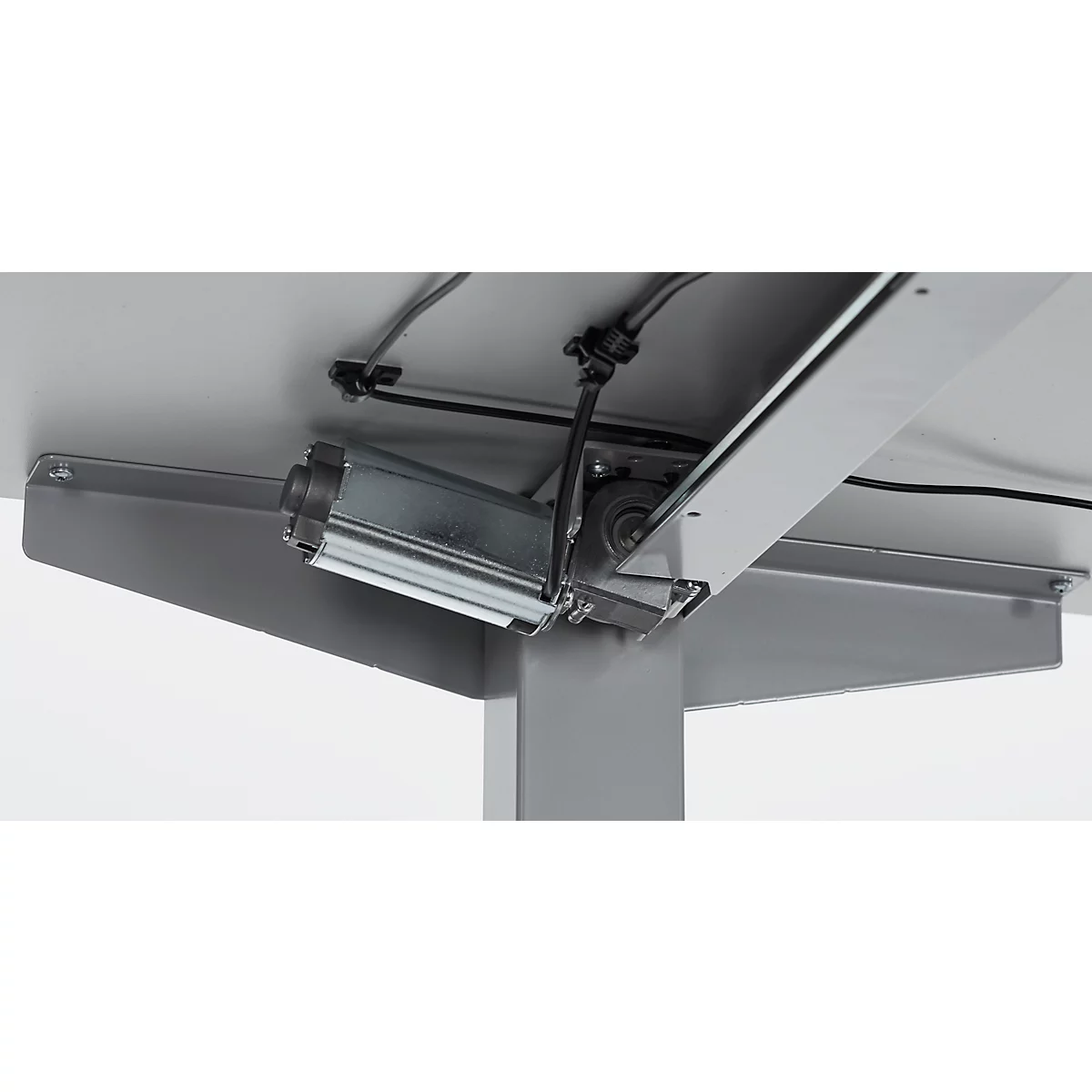 Schäfer Shop Select Bureau Start Off - elektrisch in hoogte verstelbaar - T-poot – L 1600 x B 800 x H 705/1205 mm – lichtgrijs/wit aluminium + lade + kabelspiraal