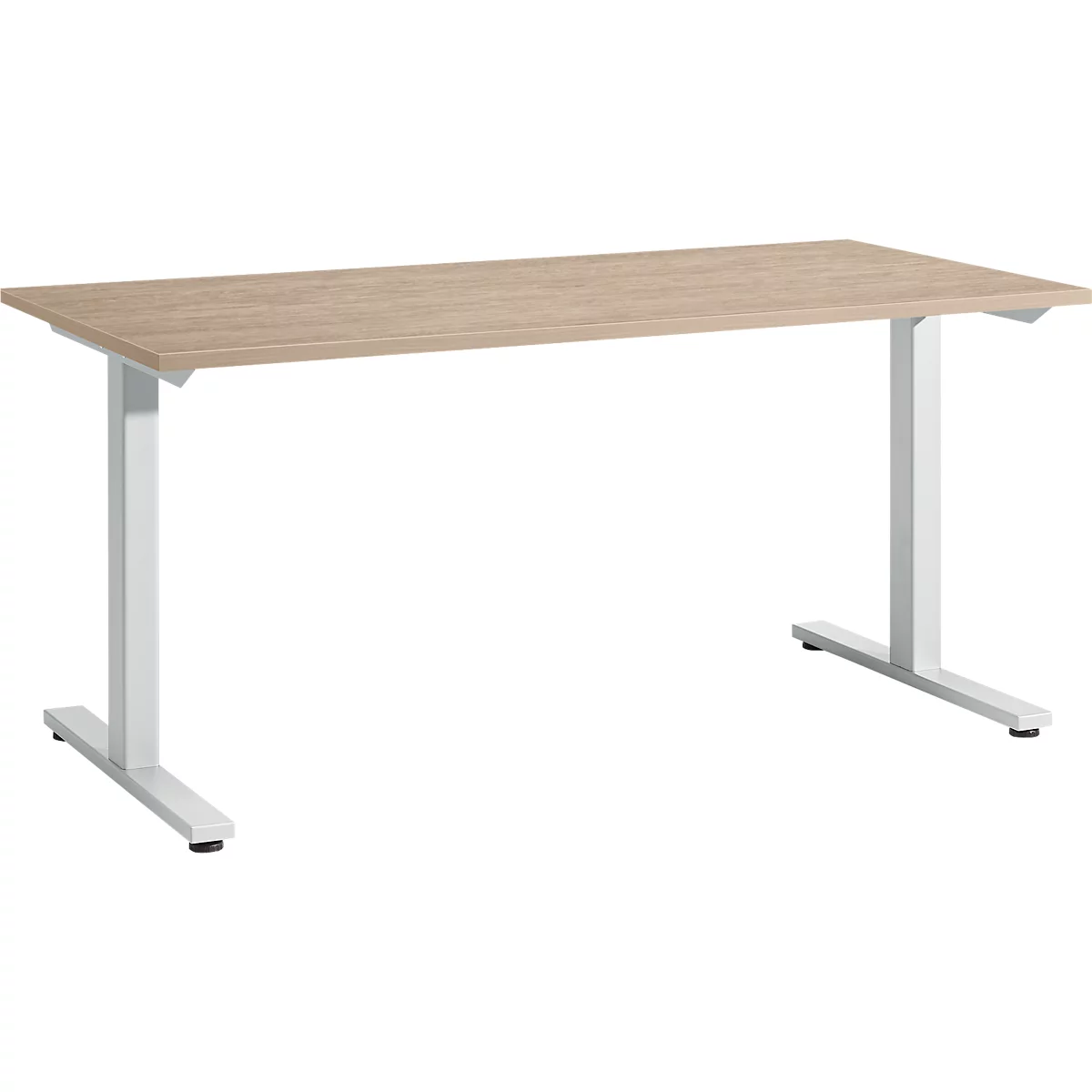Bureau met licht houten blad en witte in hoogte verstelbare poten.