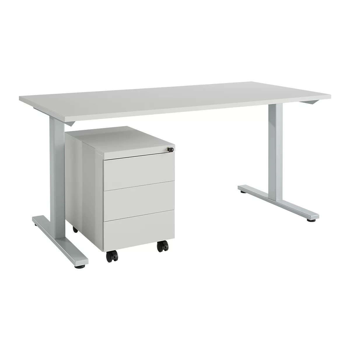 Schäfer Shop Select Bureautafel m. verrijdbaar ladeblok, T-poot, staal, lichtgrijs, houten blad B 1600 x D 800 x H 735 mm, 3 schuifladen 