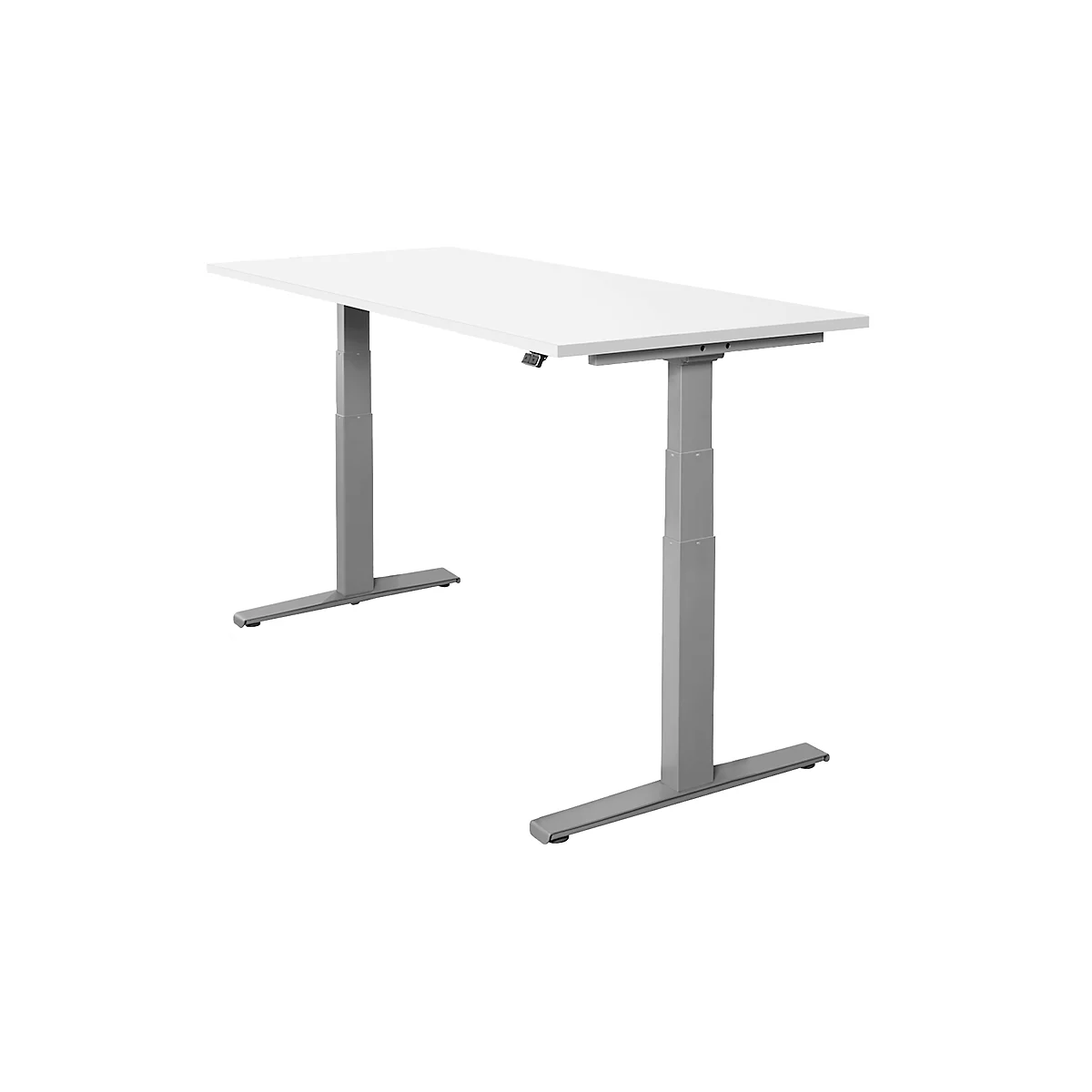 Witte in hoogte verstelbare bureau met grijze poten. Het tafelblad is rechthoekig. De tafel staat tegen een witte achtergrond.