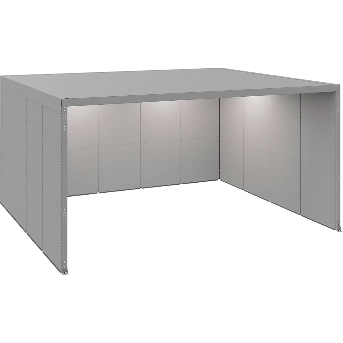 Stand rectangulaire gris avec côtés fermés et devant ouvert. Éclairage dans la partie supérieure.