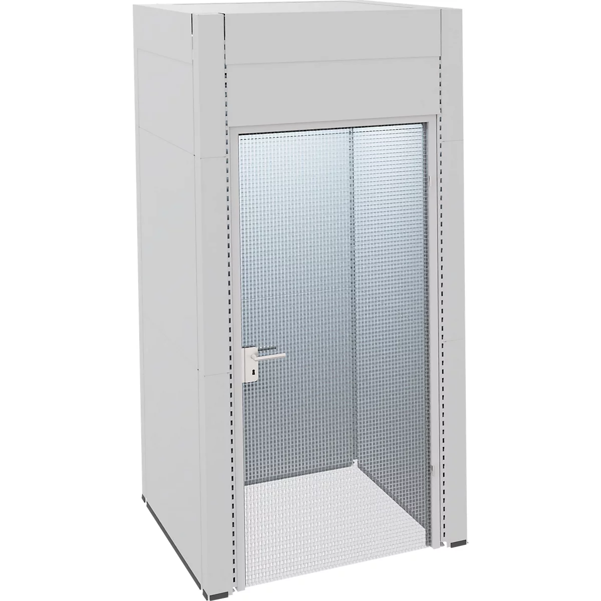 Cabine grise avec porte, motif quadrillé. Poignée de porte à gauche, fond gris.