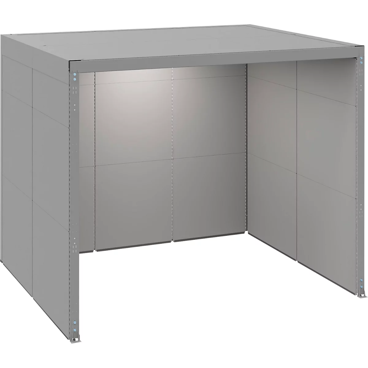 Cube gris et ouvert. Les côtés et le dessus sont constitués de panneaux rectangulaires, joints par des rivets. Espace intérieur invitant.