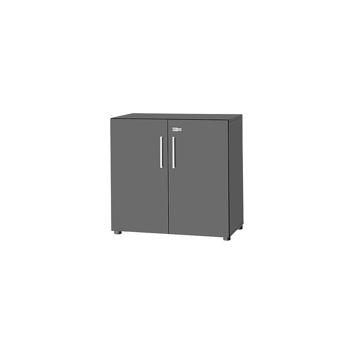Grey cabinet with two doors and silver handles. Minimalist design.