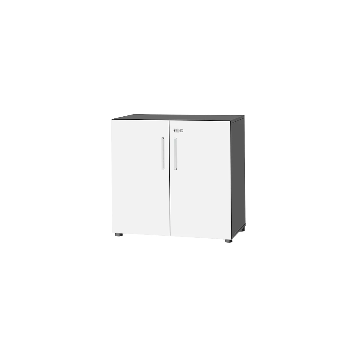 White cabinet with two doors, silver handles and a gray top.